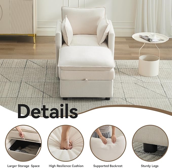 30" Cloud Modular Single Sofa Chair with Storage Ottoman, Modern Upholstered Accent Chair with Storage, Chenille Reading Lounge Armchair for Living Room, Bedroom, Small Space, Beige