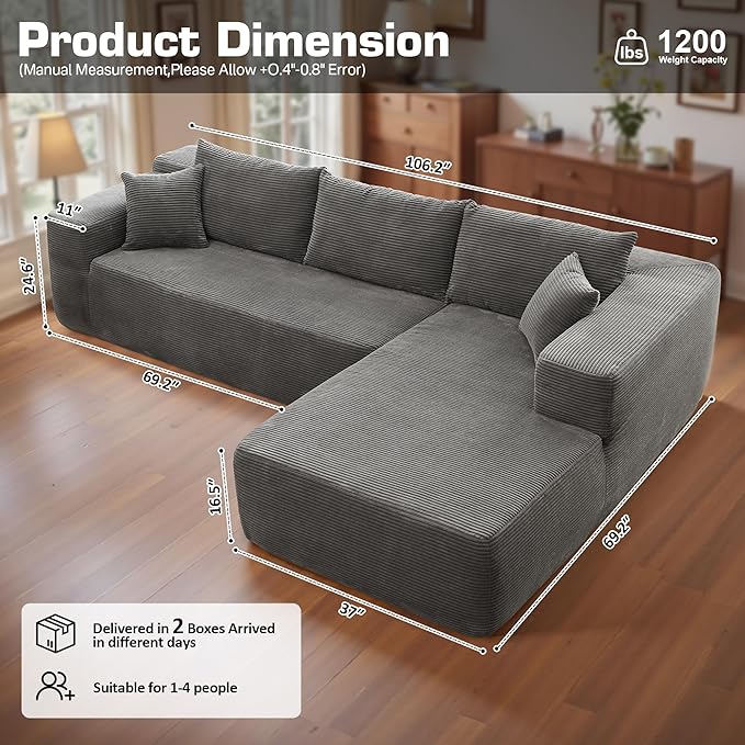 106" Cloud Sectional Couch with Chaise Lounge,L Shaped Modular Modern Sofa,Comfy Corduroy Fluffy Couches with Deep Seat,No Assembly Required Couch for Living Room(Right,Stripe Corduroy,Gray)