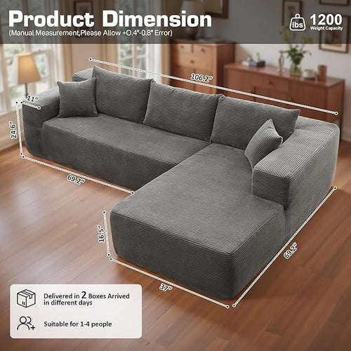 106" Cloud Sectional Couch with Chaise Lounge,L Shaped Modular Modern Sofa,Comfy Corduroy Fluffy Couches with Deep Seat,No Assembly Required Couch for Living Room(Right,Stripe Corduroy,Gray)