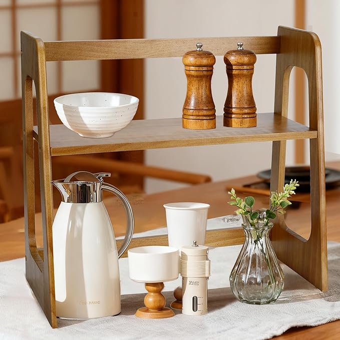 Solid wood walnut-colored bookshelf, book organizer, 17.5-inch multifunctional desktop bookshelf and countertop display stand. Perfect for kitchen storage, arranging books, teacups, and toys.