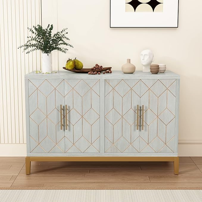 HLR 48" Accent Cabinet with 4 Doors and Shelves, Modern Credenza Storage Cabinet with Gold Trim, Green Buffet Cabinet for Living Room, Kitchen, Dining Room, Hallway