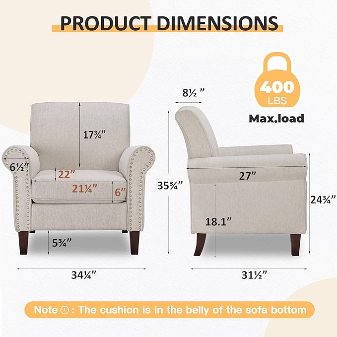 PrimeZone Comfy Accent Chair Set of 2, Mid-Century Modern Fabric Living Room Chair Reading Chair with Soft Cushion, Nailhead Trim & Rolled Armrest, Arm Chair Sofa Chair for Bedroom Waiting Room,Beige