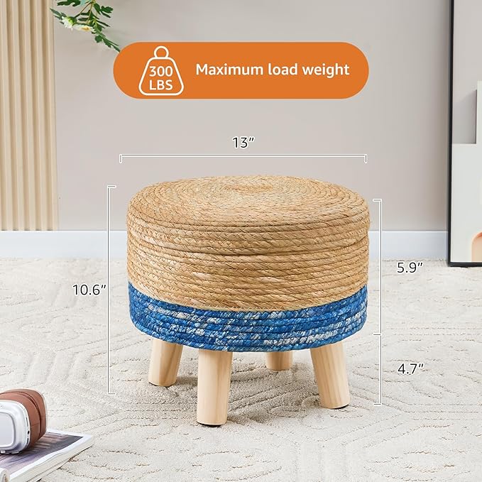 Cpintltr Storage Ottoman Poufs Handwoven Footstool Natural Seagrass Round Footrest Stool with 4 Wood Legs Soft Padded Outdoor Seat for Hallway Lounge Bedroom Garden