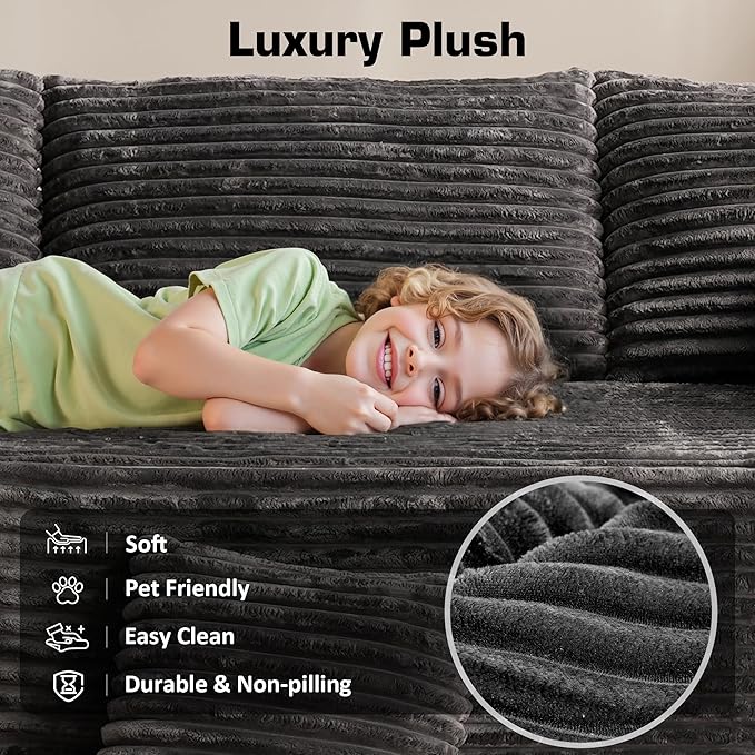 106" Cloud Sectional Couch with Chaise Lounge,L Shaped Modular Modern Sofa,Comfy Corduroy Fluffy Sofa with Deep Seat,No Assembly Required Couch for Living Room(Left,Plush Corduroy,Gray)