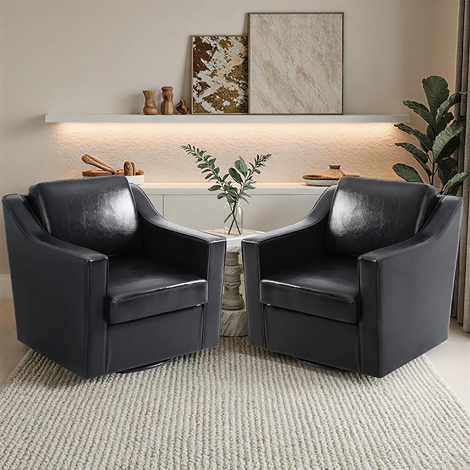 Pia Ricco 360° Swivel Accent Chair, Oversized Modern Faux Leather Armchair with Removable Cover for Living Room and Reception,Black