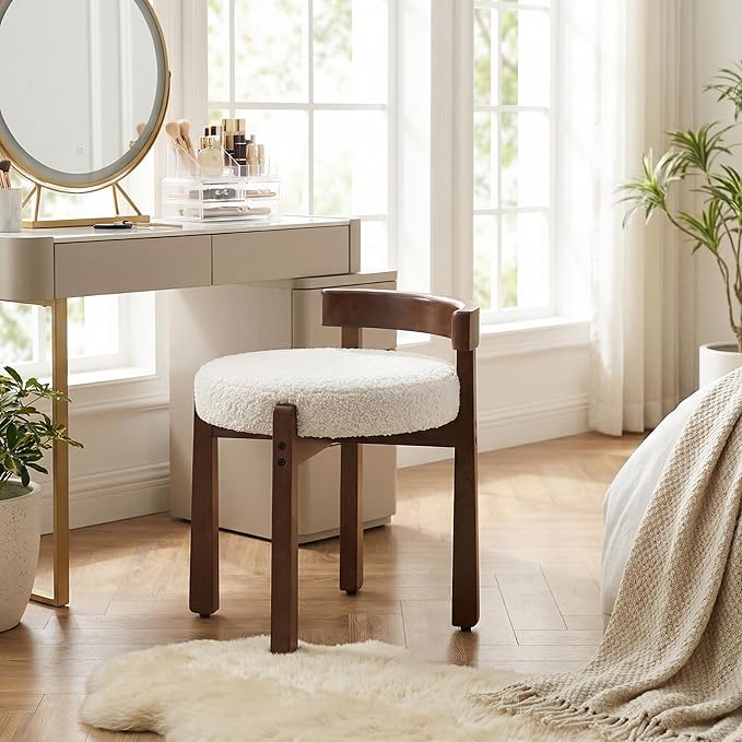 HNY Modern Boucle Ottoman Set of 2 Upholstered Vanity Chair with Solid Wood Legs, Cute Round Footrest for Bedroom & Living Room, White