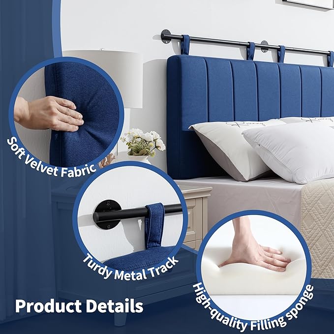UEV Queen Headboard Only, Wall Mounted Hanging Upholstered Bed Head Board, Modern Vertical Channel Design of Fine Linen, Elegant Dark Blue Fluted Headboard for Bedroom (Dark Blue, Queen Size)