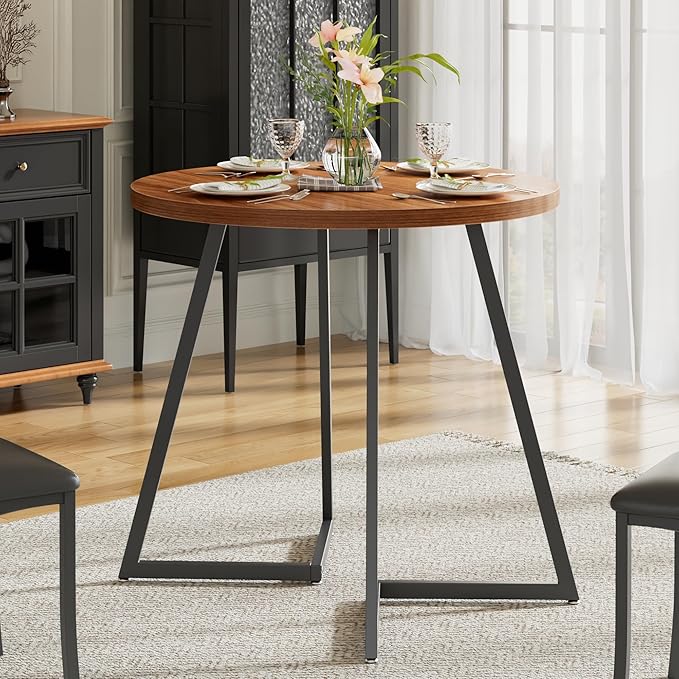 VECELO 35" Round Dining Table for 4, Wood-Grain Tabletop & Heavy-Duty Steel Frame, for Kitchen, Living Room, Easy Assembly, Walnut