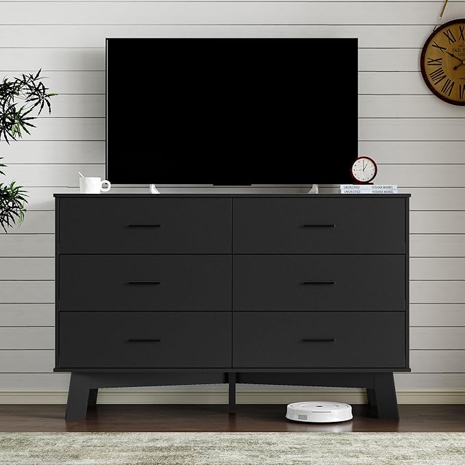 Dresser for Bedroom with 6-Drawer, 47.2" Modern Chest of Drawers with Metal Handles, X-Shape Base & Adjustable Center Leg, Anti-Tip Closet Organizers and Storage