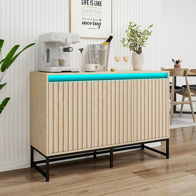 Fluted Sideboard Buffet Cabinet with Storage, 47" Wood Storage Cabinet with Doors and Adjustable Shelves LED Light, Modern Credenza for Kitchen, Dining room, Living room, Entryway(Oak, set of 2)