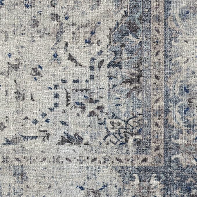 RUGGABLE Washable Vintage Area Rug – Sarrah Blue Quartz 4x6, Stain-Resistant, Non-Slip – Medium Machine Washable Rugs for Living Room, Bedroom, Hallway, Entryway & Office–with Cushioned Pad