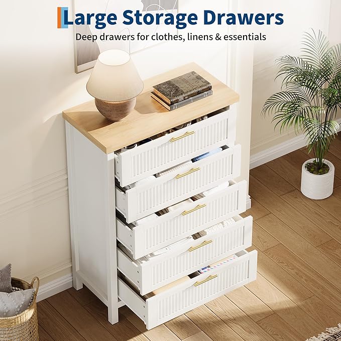 GarveeHome Fluted 5 Drawer Tall Dresser for Bedroom, 42.9 in Chest of Drawers, Wooden Dresser Chest with Clothes Storage Cabinet, Drawer Organizer, TV Stand for Bedroom, Living Room, Hallway, White