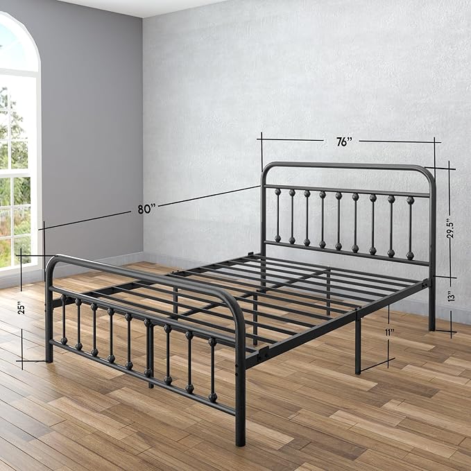 Golden Gate Beds Vintage Style King Size Metal Bed Frame with Wrought Iron Headboard and Footboard – Classic Platform Bed with 11" Storage Space, No Box Spring Required, Black Finish