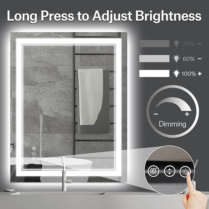 24x32 Inch LED Bathroom Mirror with Lights, Front Light and Backlit Anti-Fog Dimmable Memory Lighted Vanity Mirror, Shatterproof Wall-Mounted Led Mirror for Bathroom