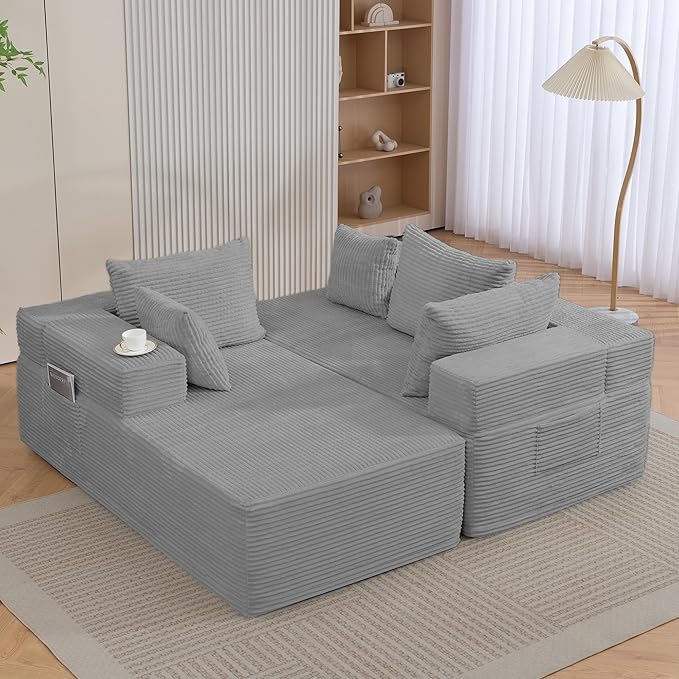 105" Cloud Sectional Couch, Modular Sectional Sofa with L-Shape Chaise, Corduroy Boneless Couches for Living Room, No Assembly, Grey
