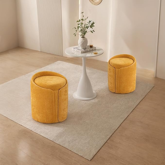 Swivel Vanity Stool with Gold Base Comfy Vanity Chair Modern Round Stool for Makeup Vanity Ottoman Foot Rest for Bedroom livingroom, Yellow