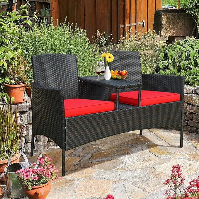 COSTWAY 2-Seat Patio Conversation Sets, Outdoor Patio Loveseat Set with Removable Cushions & Built-in Coffee Table for Backyard, Garden, Lawn, Balcony, Black+Red