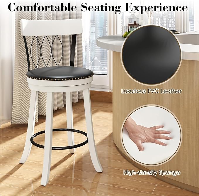 COSTWAY Bar Stools Set of 2, 26” Seat Height Swivel Barstools with Ergonomic Backrest, Soft Cushion & Footrest, Rubber Wood Counter Height Bar Chairs Upholstered Dining Chairs for Kitchen Island
