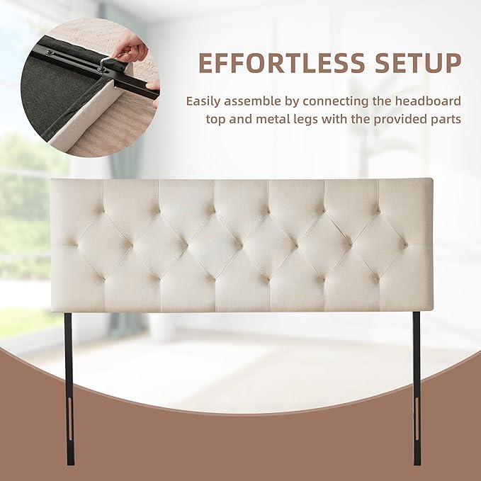 Linen Upholstered Headboard Full Size, Modern Diamond Tufting Solid Wood Full XL Headboard Only, Adjustable Height from 37” to 51” Head Board, Bed Frame or Wall Mount Headboards, Beige