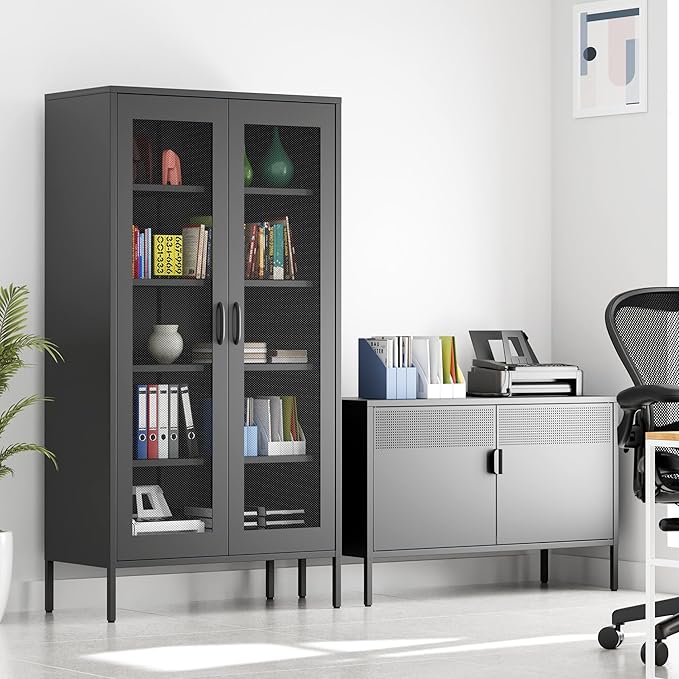 73 Inches Black Metal Storage Cabinet with Mesh Doors, 5 Tier Display Cabinet for Home Office, Metal Kitchen Pantry Storage Cabinet with 4 Adjustable Shelves