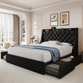 Queen Size Upholstered Platform Bed Frame with 4 Storage Drawers and Charging Station, Linen Button Tufted Wingback Headboard, Sturdy Wooden Support Slats, No Box Spring Needed, Black