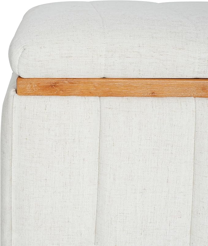 Christopher Knight Home Kira Living Room Ottoman with Storage, Linen Upholstered Storage Ottoman Bench with Channel-Tufted Design, Wood Frame Sofa Foot Stool, Bedroom End of Bed Bench, Beige