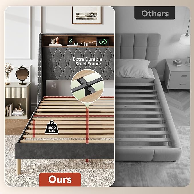WLIVE Full Size Upholstered Bed Frame with Storage Headboard, Velvet Square Tufted Platform Bed with Charging Station, Sturdy Metal & Wooden Slats Support, No Box Spring Needed, Grey
