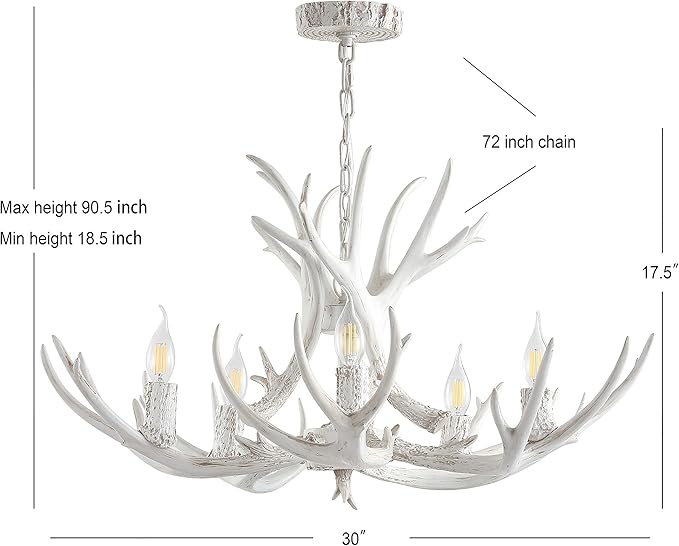 JONATHAN Y JYL6300B Eldora 30" Adjustable Resin Antler 5-Light LED Chandelier, Glam, Rustic,Cottage,Transitional, Dimmable Dining Room, Living Room, Kitchen, Foyer, Bedroom, White