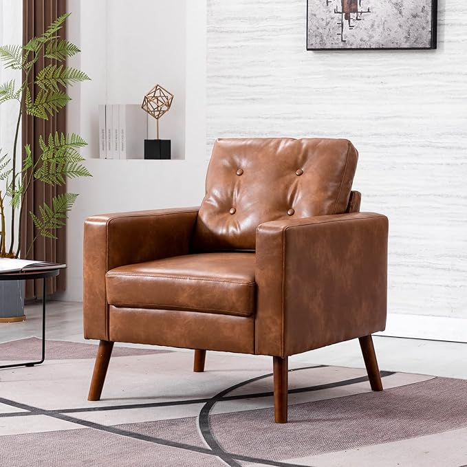 PU Accent Arm Chair with Tufted Back, Faux Leather Comfy Upholstered Single Sofa, Mid Century Modern Side Club Chair with Wood Legs for Reading/Living Room/Bedroom, Caramel