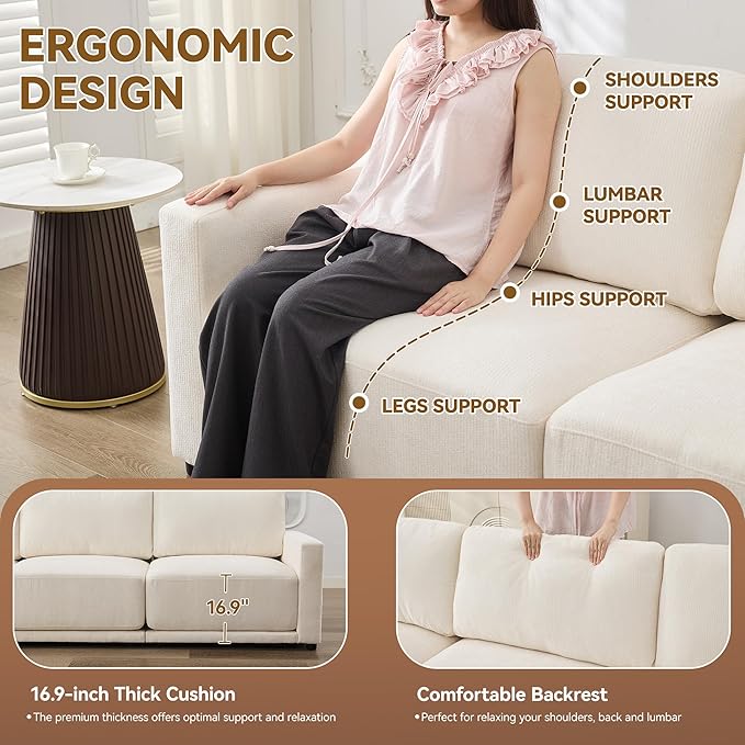 110.6" L-Shaped Modular Sectional Sofa Modern Chenille Comfy Couch with Thickened Seat Cushions, Easy Assembly, Upholstered 4 Seater Couch with Movable Ottoman for Living Room, White