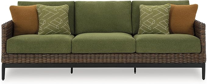 Signature Design by Ashley Horizon Hall Vintage Outdoor Nuvella Weather Resistant Fabric, Resin Wicker Sofa with Cushion and 2 Accent Pillows, Green & Dark Brown