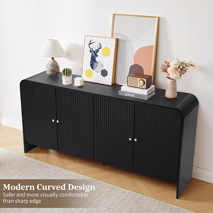 Fluted Sideboard Buffet Cabinet with Storage, 59'' Curved Buffet Cabinet with 4 Doors & Shleves, Modern Credenza Wood Coffee Bar Table Console for Dining Room Kitchen Living Room Entryway, Black