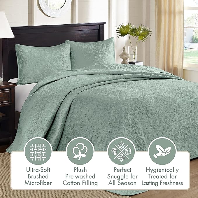 Madison Park Quebec Reversible Quilt Set Damask Design, Double Sided Stitching All Season, Lightweight Bedspread Bedding Set, Matching Sham, Seafoam, Full(96"x110") 3 Piece