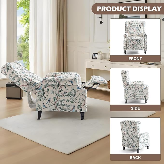 UIXE Pushback Floral Recliner Chair, Fabric Upholstered Armchair Push Back Accent Chair for Living Room, Rivet Trim Club Chair Home Theater Single Sofa Bedroom Reading Seat - Bird