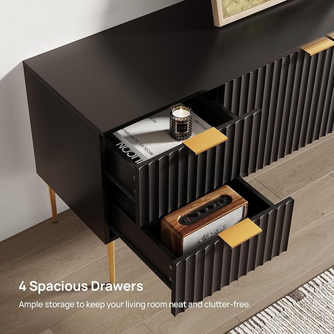 SICOTAS TV Stand for 55/60/65/70 Inch TV - 62 Inch TV Stands for Living Room Entertainment Center with 4 Drawers, Fluted Modern TV Media Console Television Cabinet for Bedroom(Black, 1 Piece)