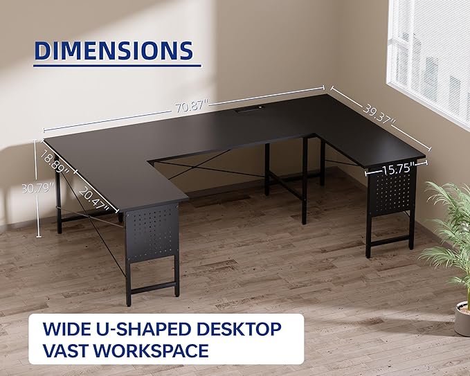 Pamray 71 Inch Large Computer Desk with Power Outlets,U Shaped Corner Desk for Home Office Work and Gaming White