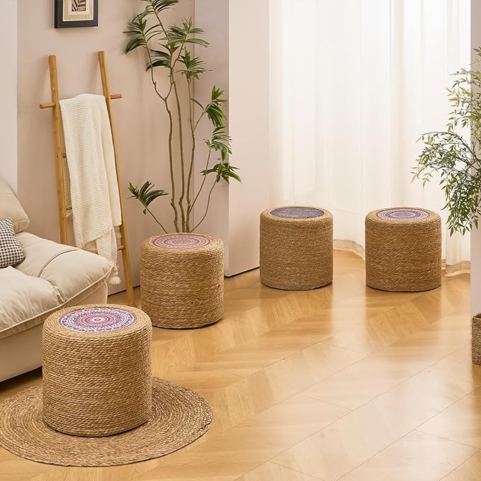 Wimarsbon 18'' Ottoman Pouf, Natural Braided Poof, Rustic Handweave Lounge Pouffe, Boho Footrest Stool for Bedroom, Accent Table for Living Room (18inch Natural Cattail-Boho Style 4)