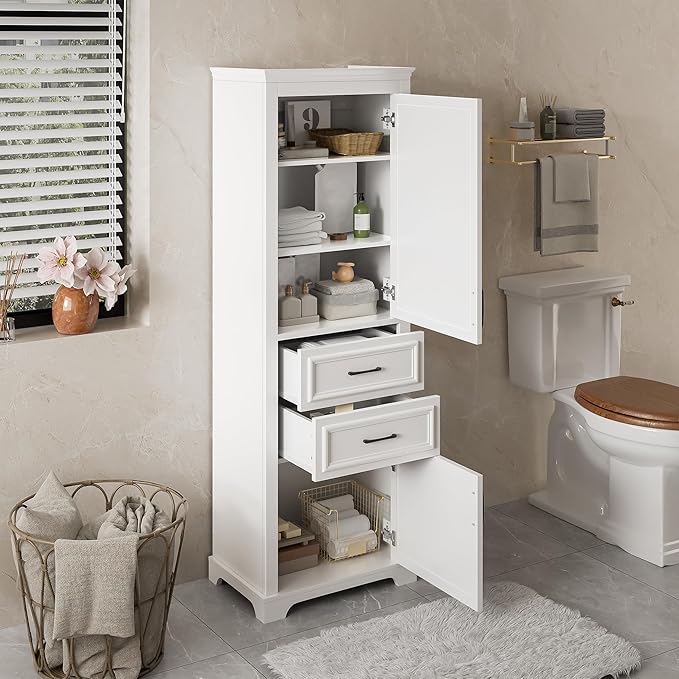Tall Freestanding Storage Cabinet with 2 Doors & 2 Drawers, Multi-Purpose Organizer with Adjustable Shelf for Bathroom, Office, Living Room, White