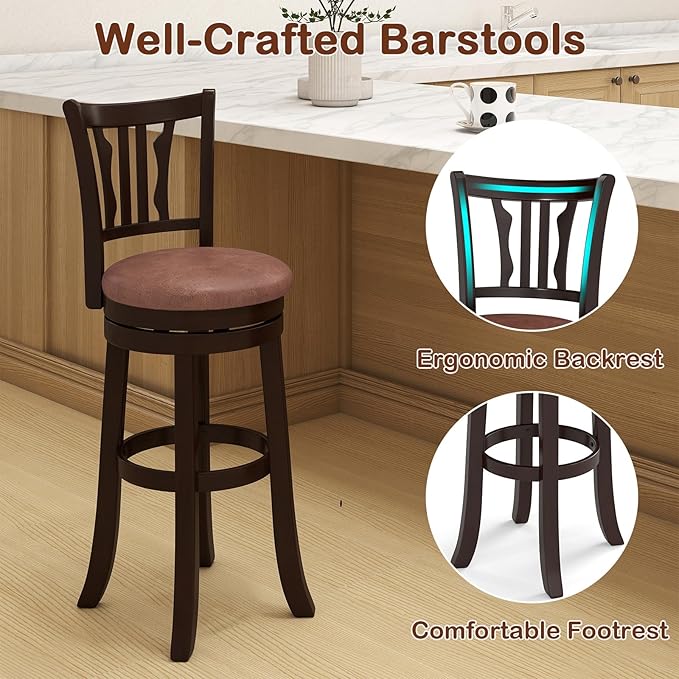 COSTWAY 30" Bar Height Stools Set of 4, Swivel High-Top Chairs with Backrest & Faux Leather Padded Seat, Rubber Wood Counter Barstools with Footrest for Kitchen Islands, Dining Room, Pub (4,30'')