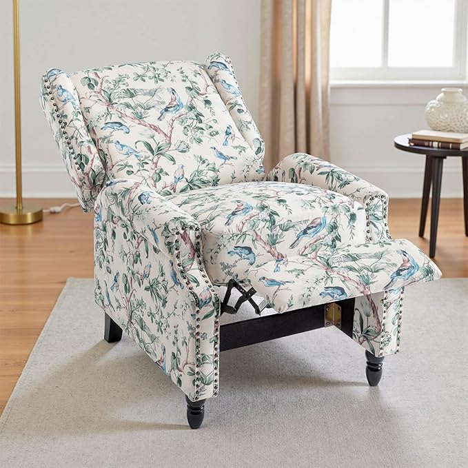 UIXE Pushback Floral Recliner Chairs Set of 2, Fabric Upholstered Armchair Push Back Accent Chair for Living Room, Rivet Trim Club Chair Home Theater Single Sofa Bedroom Side Reading Seat - Bird