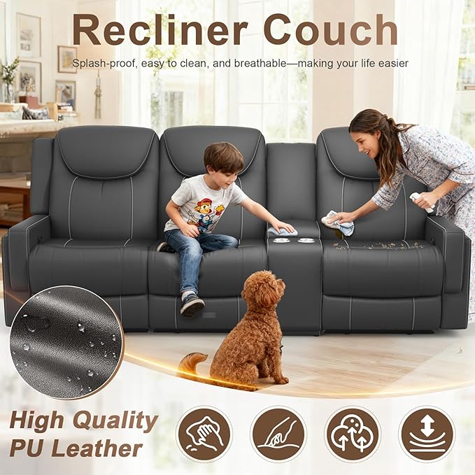 Recliner Sofa, 2 - Way Multi - Function Manual 3 Seater Couch with Cup Holders, Storage & USB Ports, Modern Multifunctional Sofa, Breathable Grey PU Leather Reclining Couch for Living Room
