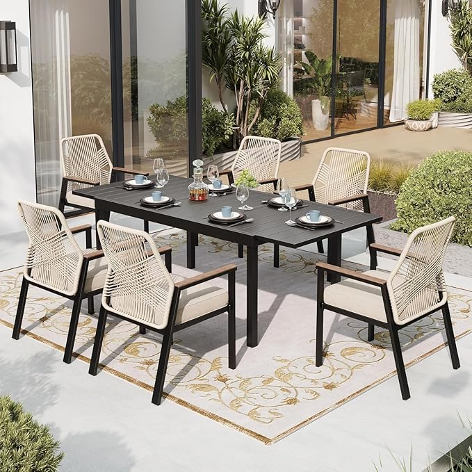 Patio Dining Chairs Set of 2, Heavy-Duty Woven Rope Outdoor Chairs with Waterproof Cushion and Wrought Iron Frame, All-Weather Outside Seating for Kitchen Garden Deck Backyard