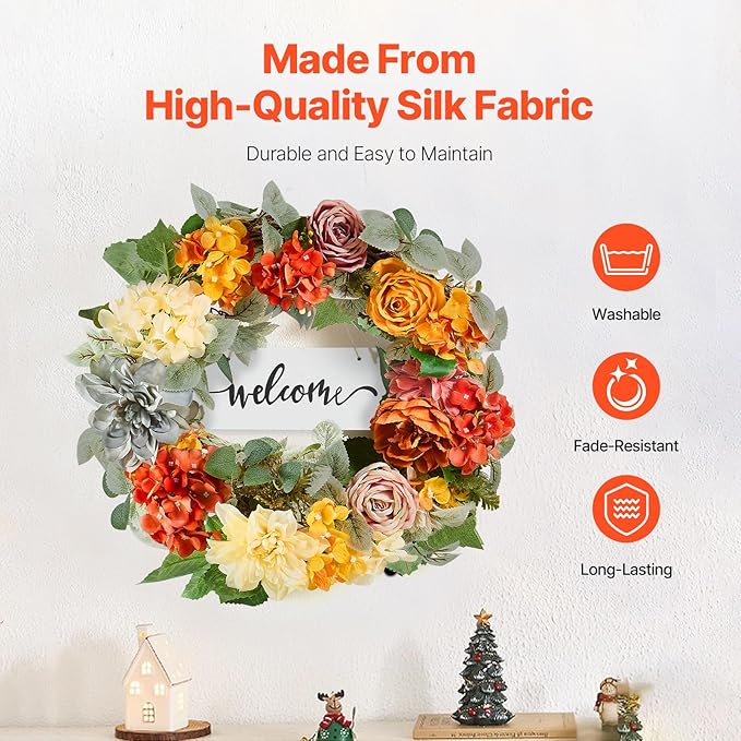 VEVOR Spring Wreath for Front Door 24 Inch - Artificial Hydrangea Year-Round Wreath with Welcome Sign, All Season Outdoor Indoor Decor for Home Wall Window