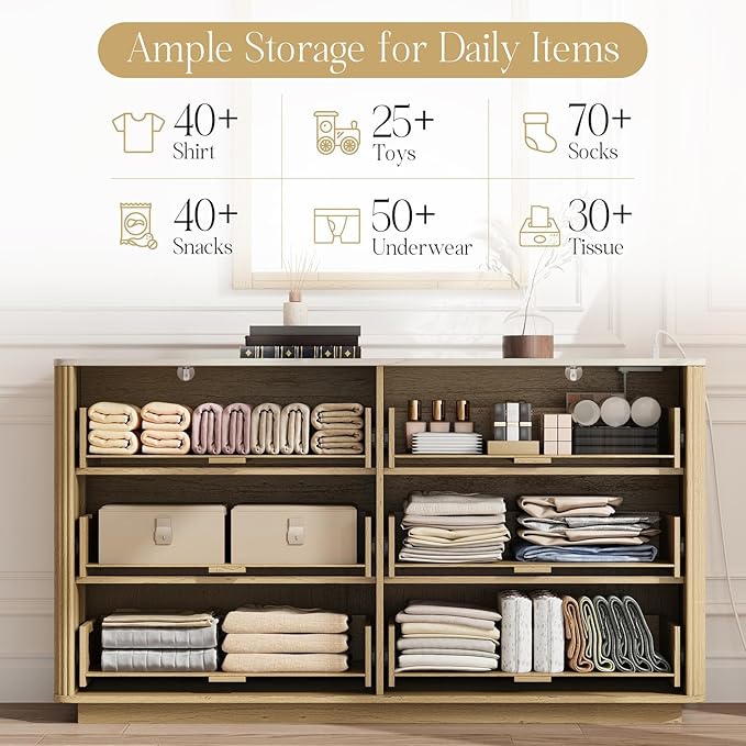 Fluted 6 Drawers Dresser with Charging Station, 55" Wide Modern Chest of Drawers with Faux Marble Top, Wooden Dresser TV Stand, Wood Drawer Organizer for Bedroom, Living Room, Hallway, Natural Oak