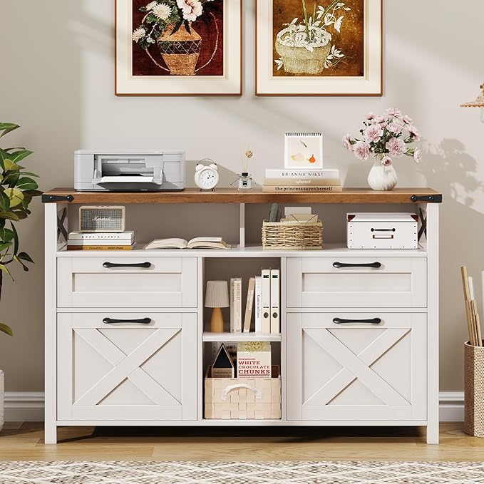 Filing Organization Storage Cabinets 4 Drawer with Adjustable Shelf, Lateral Filing Cabinet with Open Storage Shelf for Home Office, Farmhouse File Cabinets for Hanging Files Letter/A4.White