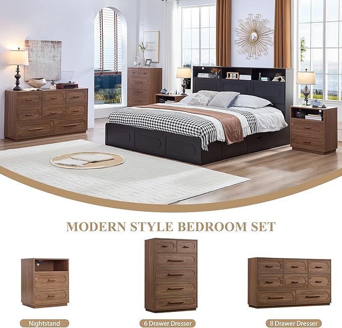 Modern 8 Drawer Dresser for Bedroom, 54" Wide Dressers & Chest of Drawers w/Solid Wood Handle, Wood Mid Century Closet Organizers and Storage Cabinet for Bedroom, Living Room, Hallway, Walnut