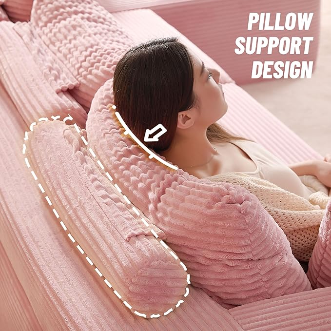 138" Boneless Couch with Deep Seat, Modular Sectional Sofa, Cloud Sectional Couch for Living Room, No Assembly Required, Corduroy, 4 Seater L-Shape Right, Pink