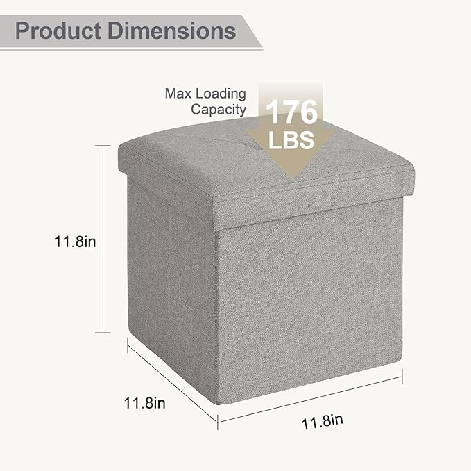 VECELO Storage Ottoman, 11.8'' Folding Footstools, Multipurpose Foot Rest Stool, Foldable Linen Fabric Ottomans, Small Square Ottoman Cube for Living Room/Bed Room/Dorm, Grey