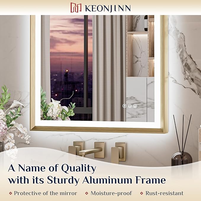 Keonjinn 60" x 36" LED Mirror for Bathroom, Brushed Gold Framed Mirror with Frontlit & Backlit, Large Lighted Mirror with Anti Fog for Wall, Stepless 3 Colors Temperature, UL-Listed LED Driver