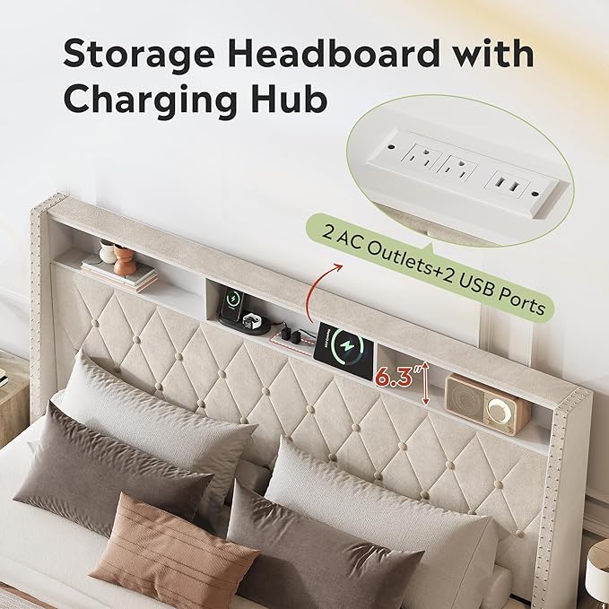 WLIVE King Size Upholstered Bed Frame with Storage Headboard, Velvet Square Tufted Platform Bed with Charging Station, Sturdy Metal & Wooden Slats Support, No Box Spring Needed, Beige